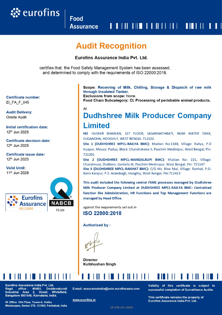 Iso 22000 Certificate Dudhshree Milk Producer Company Limited Final Page 0001